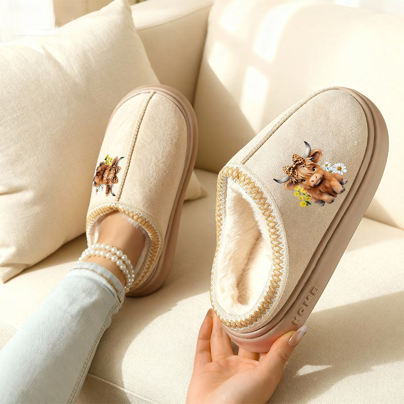 Sunflower Highland Cow Print Slippers – Women's & Unisex Plus Size