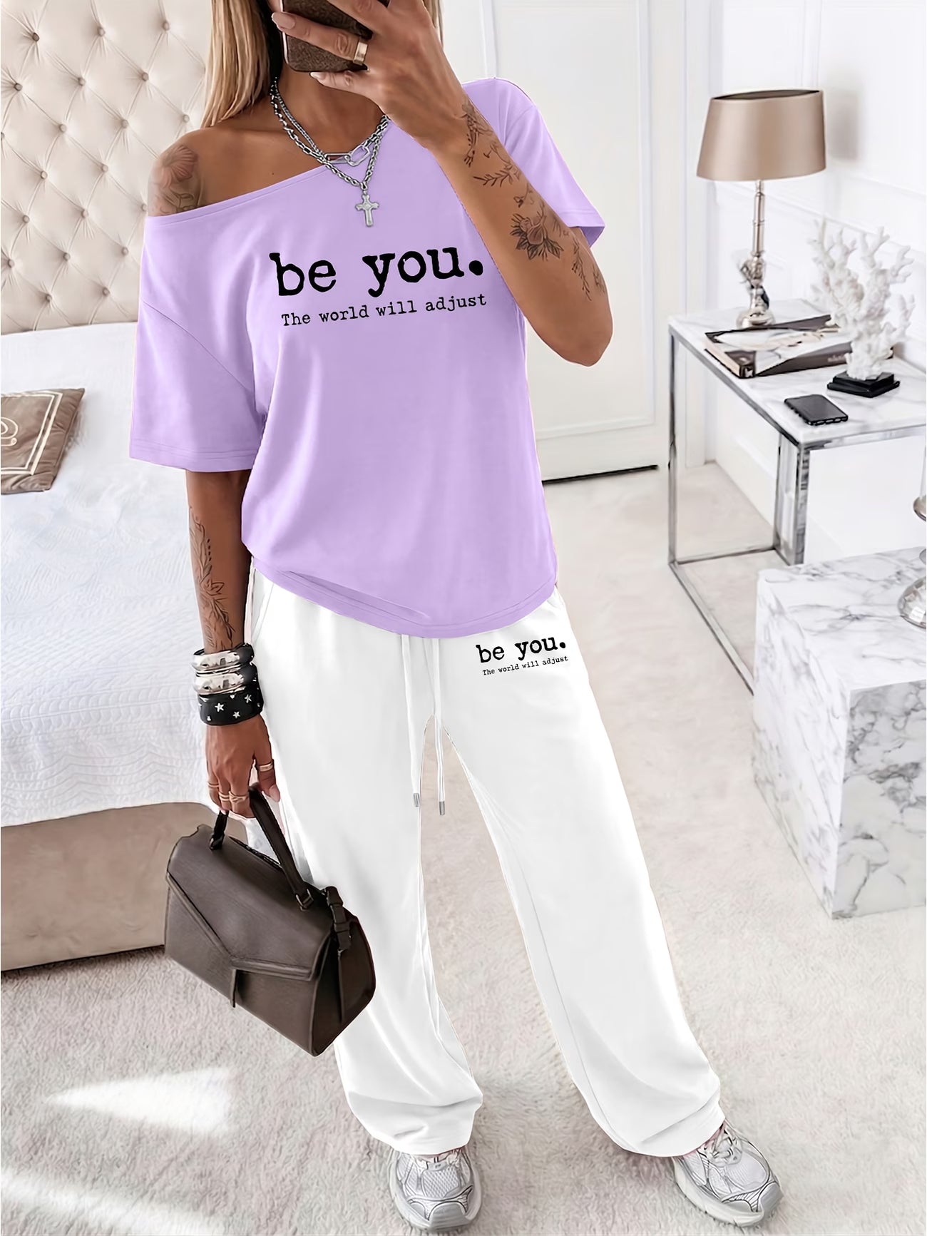 "Be You, The World Will Adjust" Slogan Off-Shoulder Top & Wide Leg Trousers 2-Piece Set