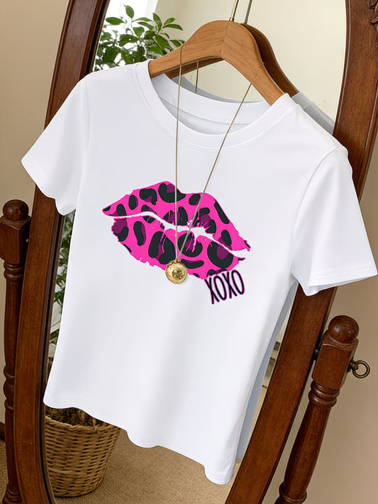 Women'S Round Neck T-Shirt with Leopard Print And Red Lips XOXO Graphic