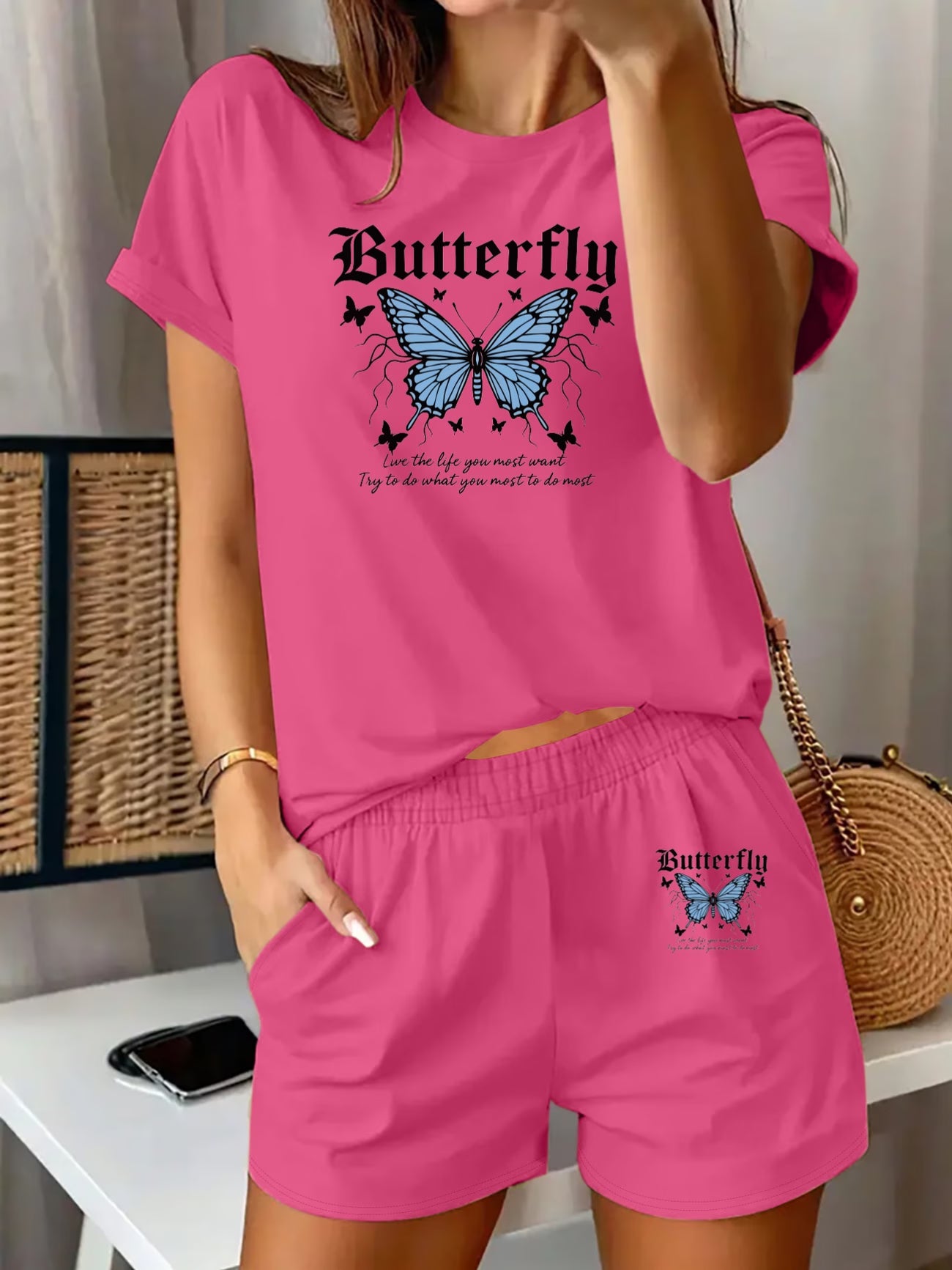 Blue Butterfly & Elegant Text Print Two-Piece Set – Round Neck Tee & High-Waist Shorts