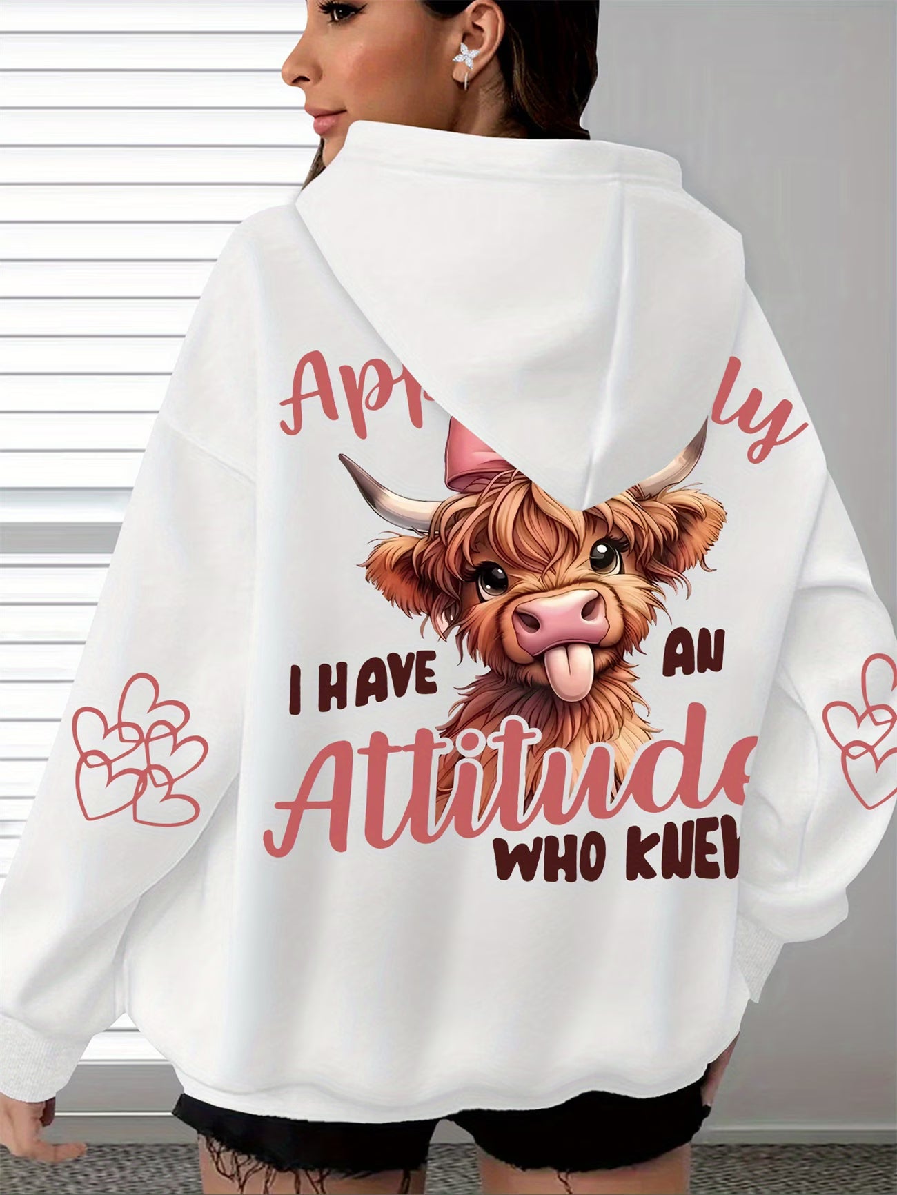 Cow Print 'I Have An Attitude, Who Knew' Women's Soft Casual Long-Sleeve Pocket Top hoodie