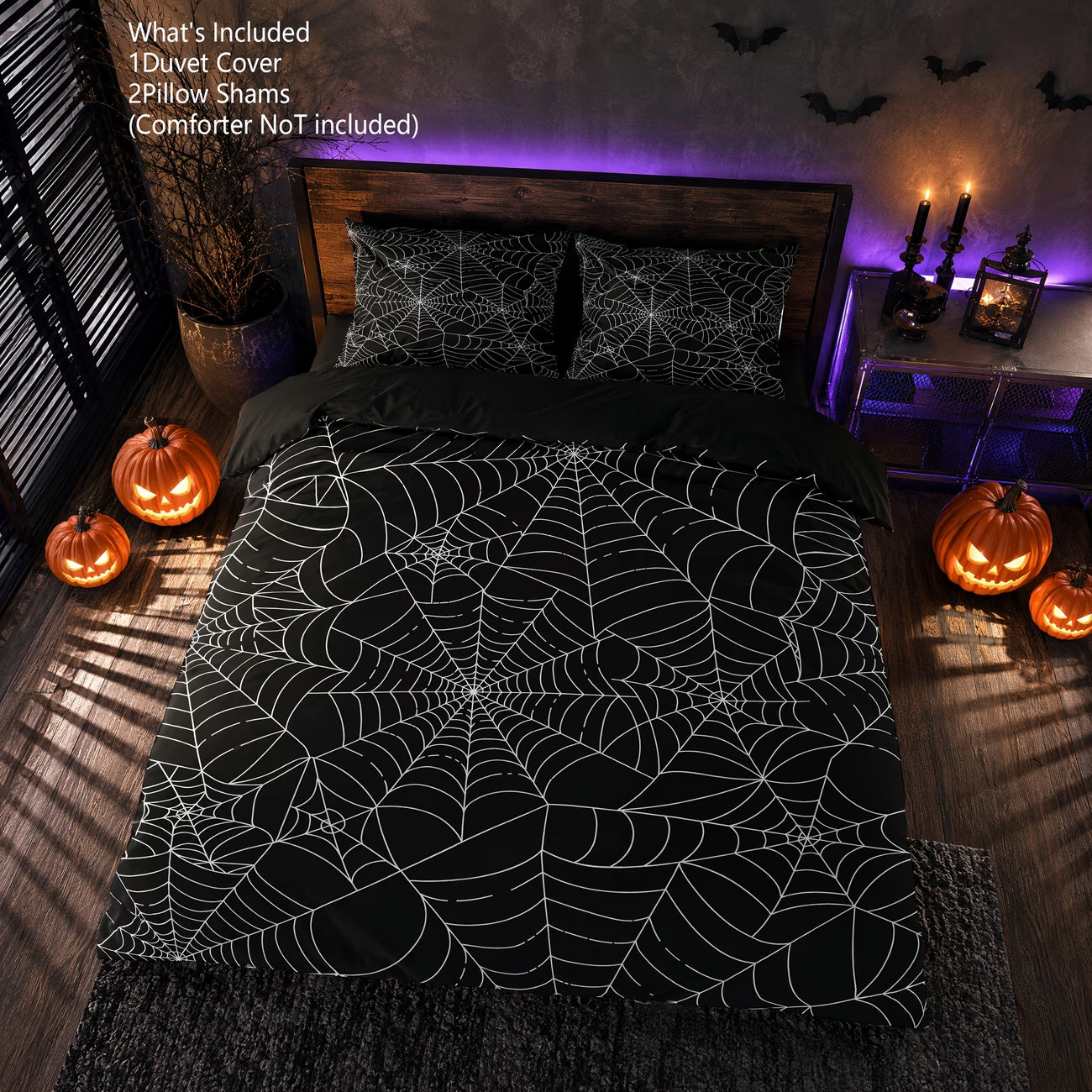 Halloween Spider Web Print Duvet Cover Set – 3pcs, 2D Flat Double-Sided Design, Solid Black Reverse (Inner Not Included)