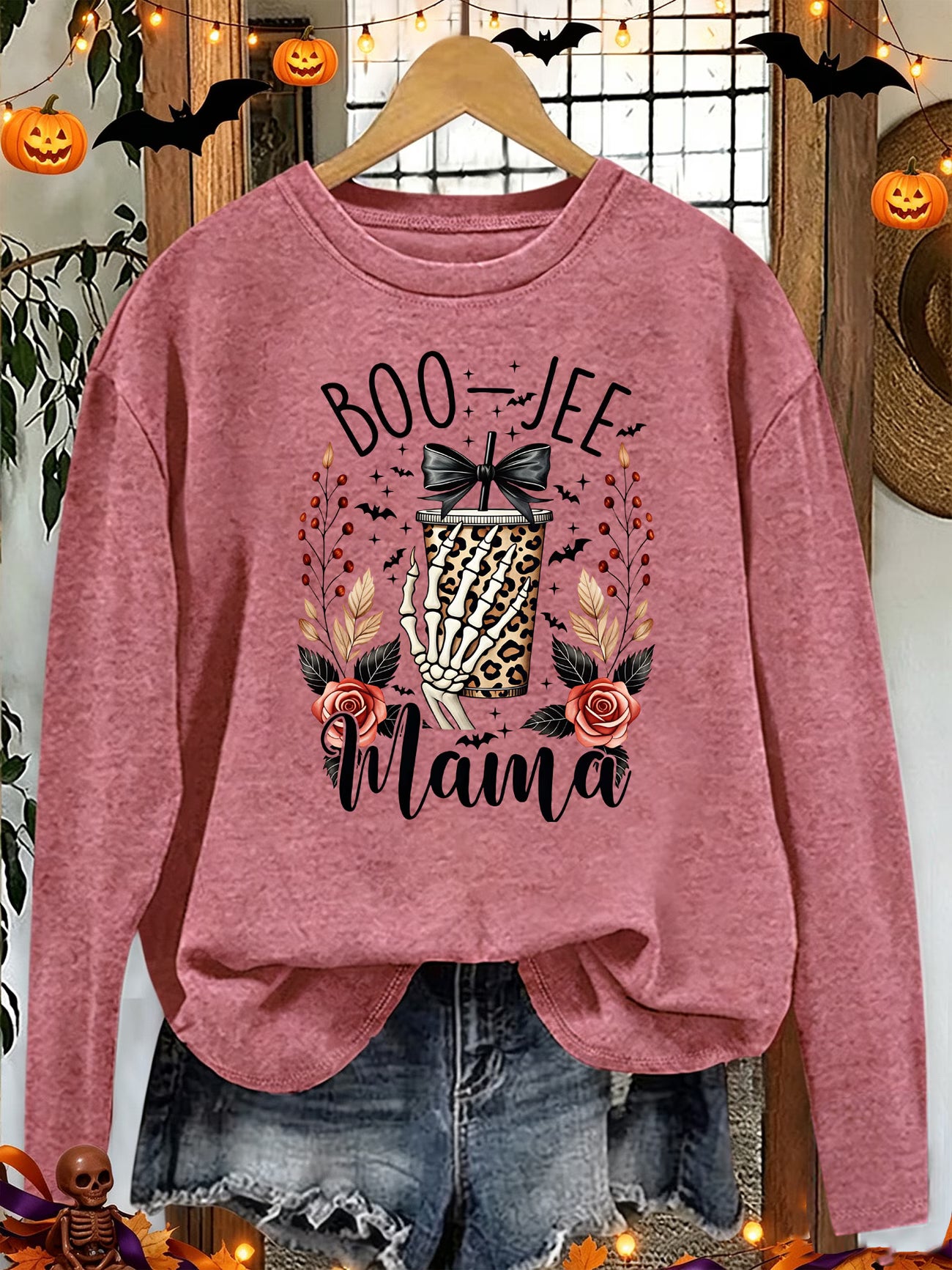 Boo-Jee Mama Skull Leopard Halloween Print Long Sleeve Top