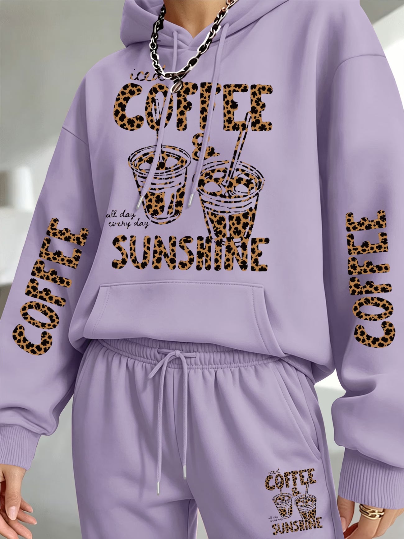 Women's 'Coffee & Sunshine' Leopard Print Hoodie & Jogger Set