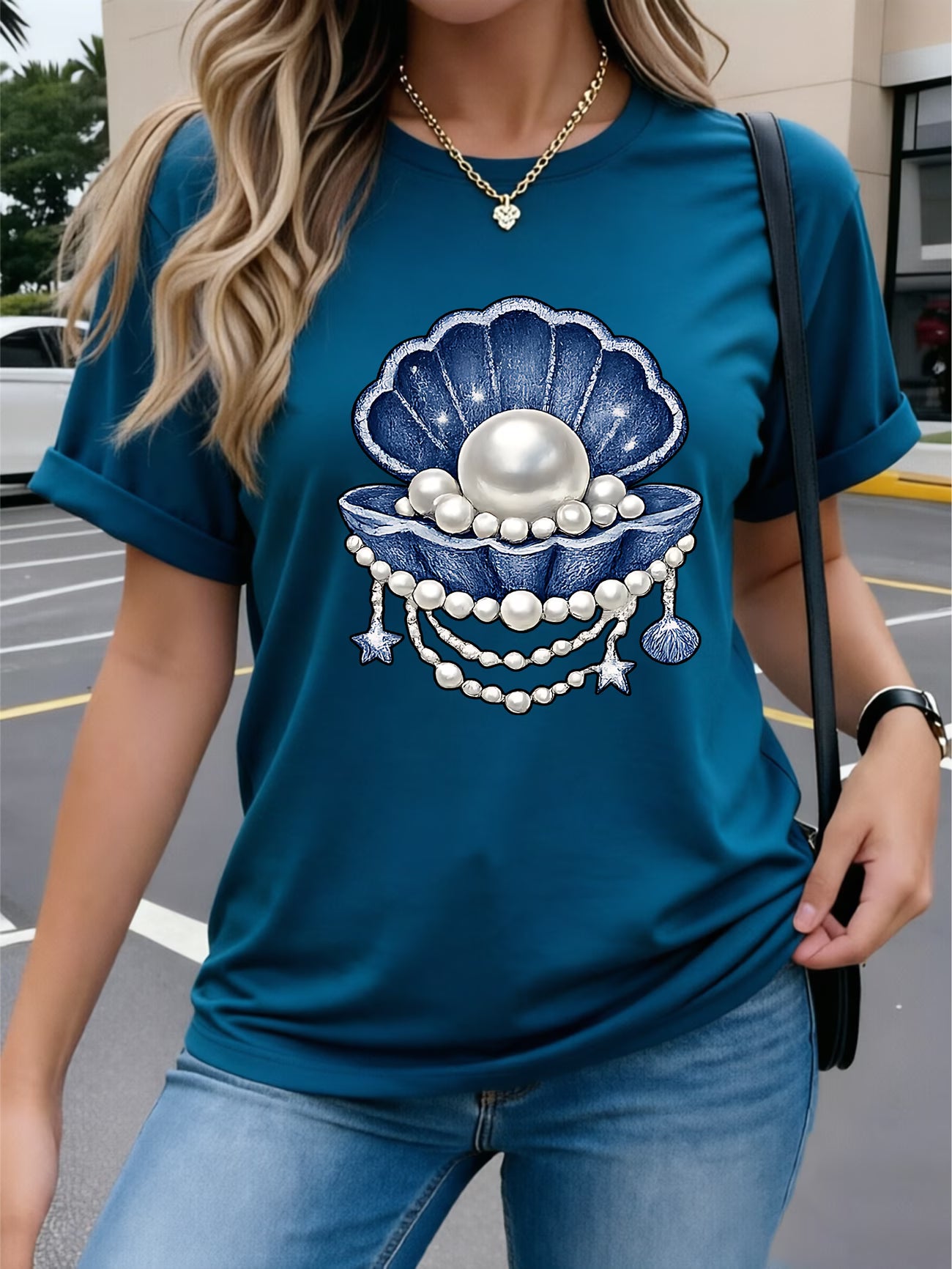 Pearl Denim Bow Heart T-Shirt Denim Fabric
