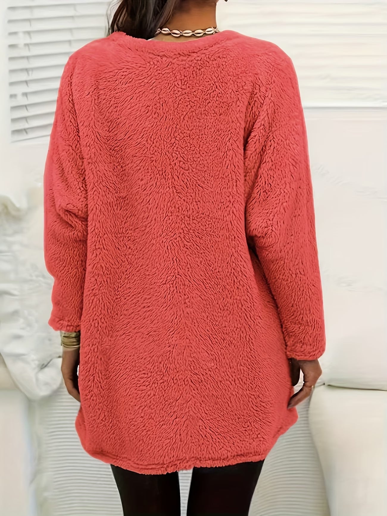 Heart Print Plush Pullover Sweatshirt – V-Neck Soft Fleece Top