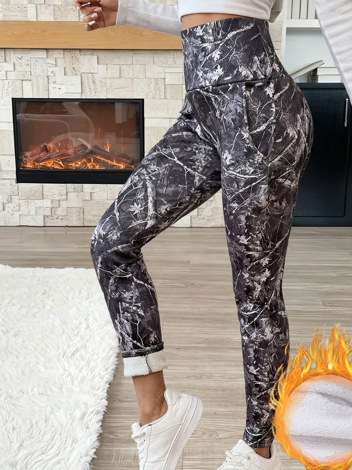 Women's Lined Printed High-Waist Leggings, Warm Stretch Pants with Pockets