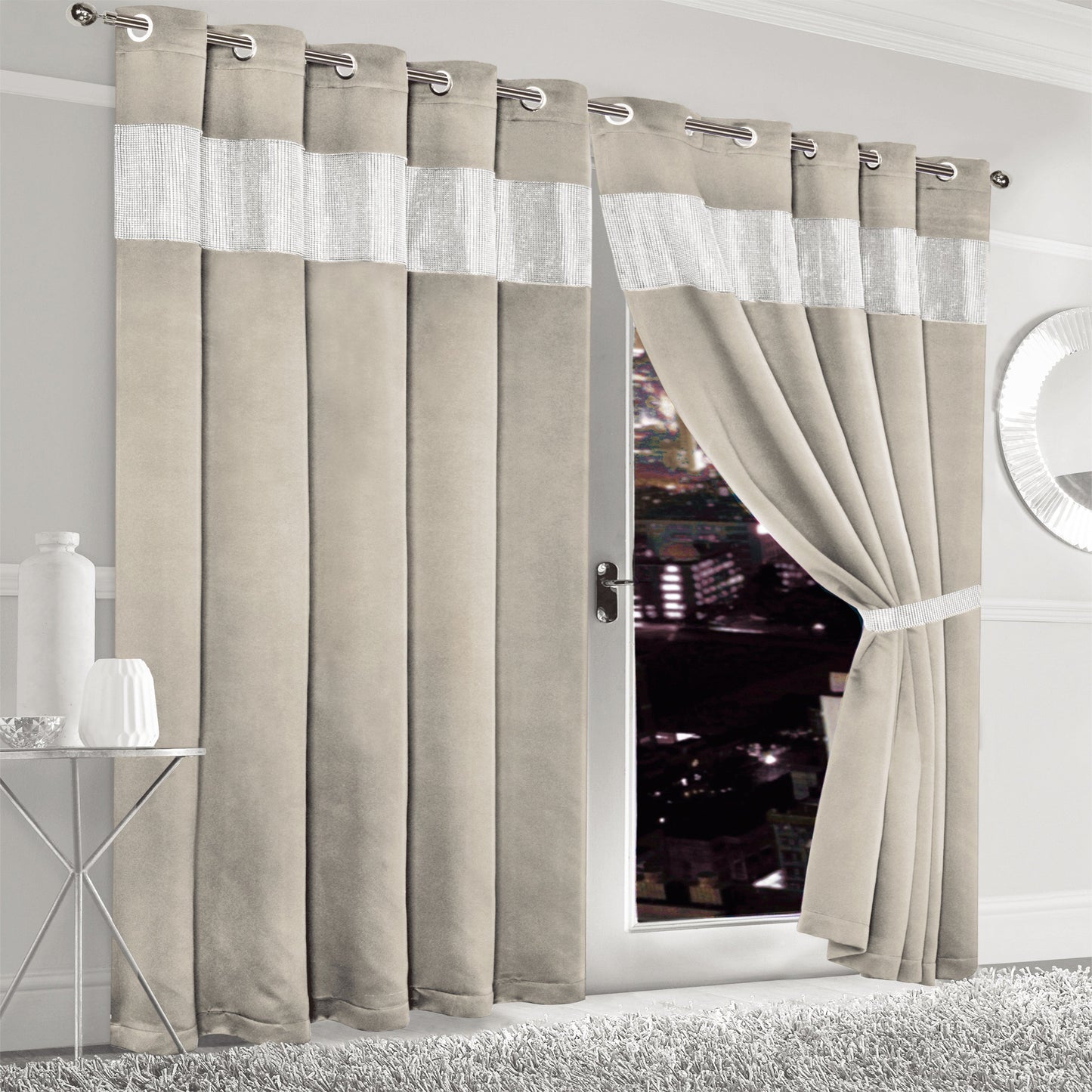 Diamante Natural Blackout Eyelet Curtains with Tie Backs Thermal Ring Top