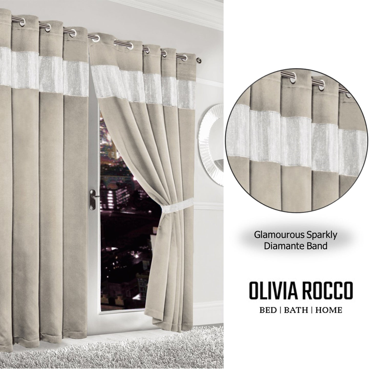 Diamante Natural Blackout Eyelet Curtains with Tie Backs Thermal Ring Top