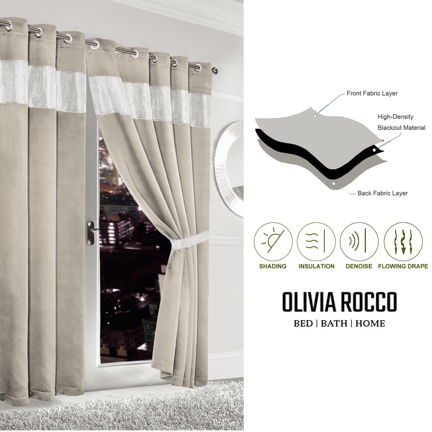 Diamante Natural Blackout Eyelet Curtains with Tie Backs Thermal Ring Top