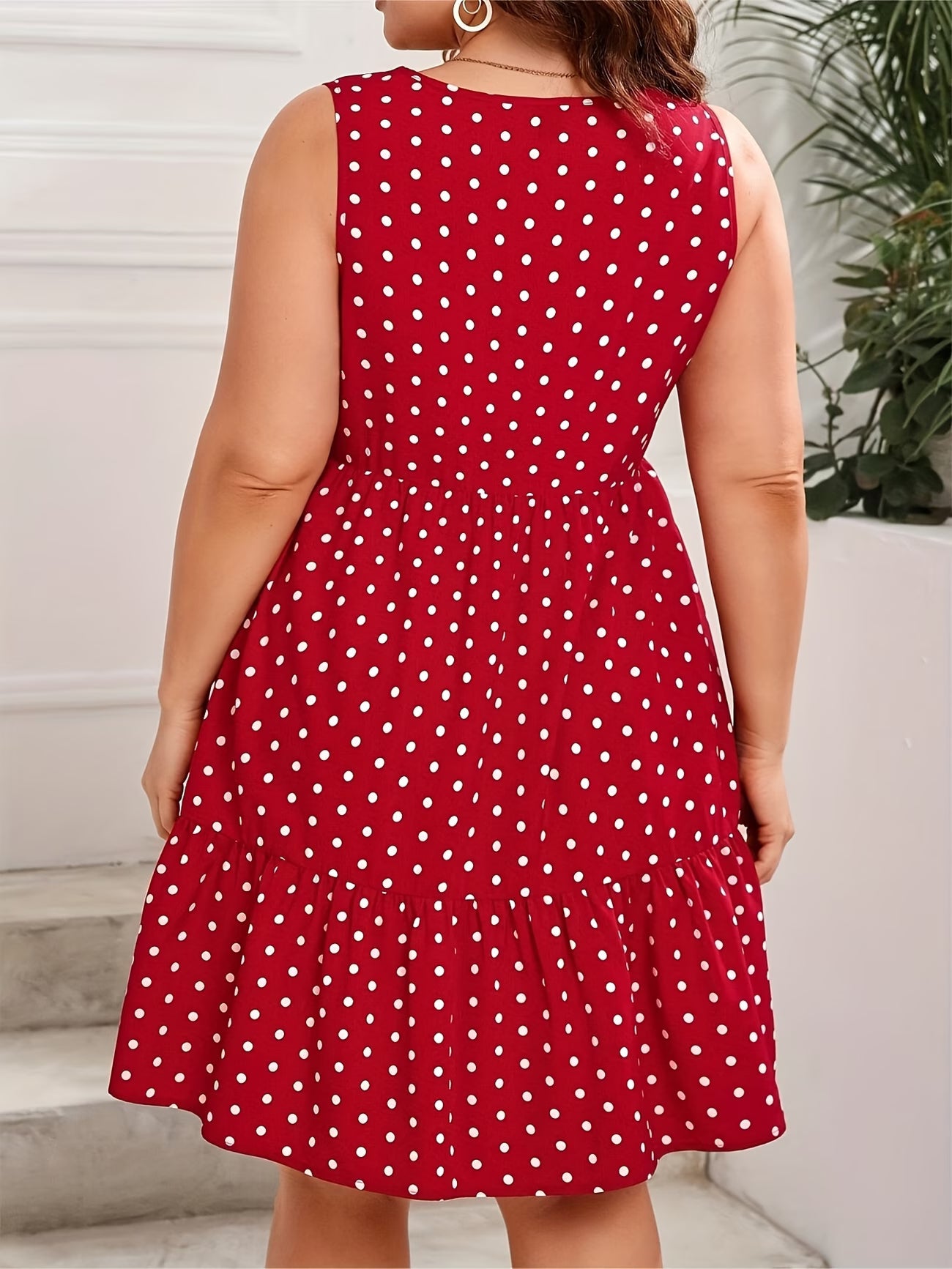 Plus Size Women's Sleeveless Polka Dot Ruffle Hem Dress