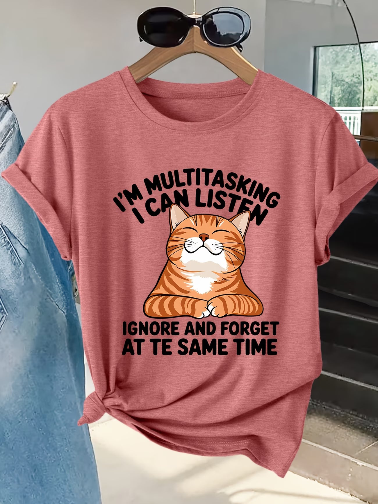 Women's Playful Orange Cat Print Graphic Tee | Short-Sleeve T-Shirt
