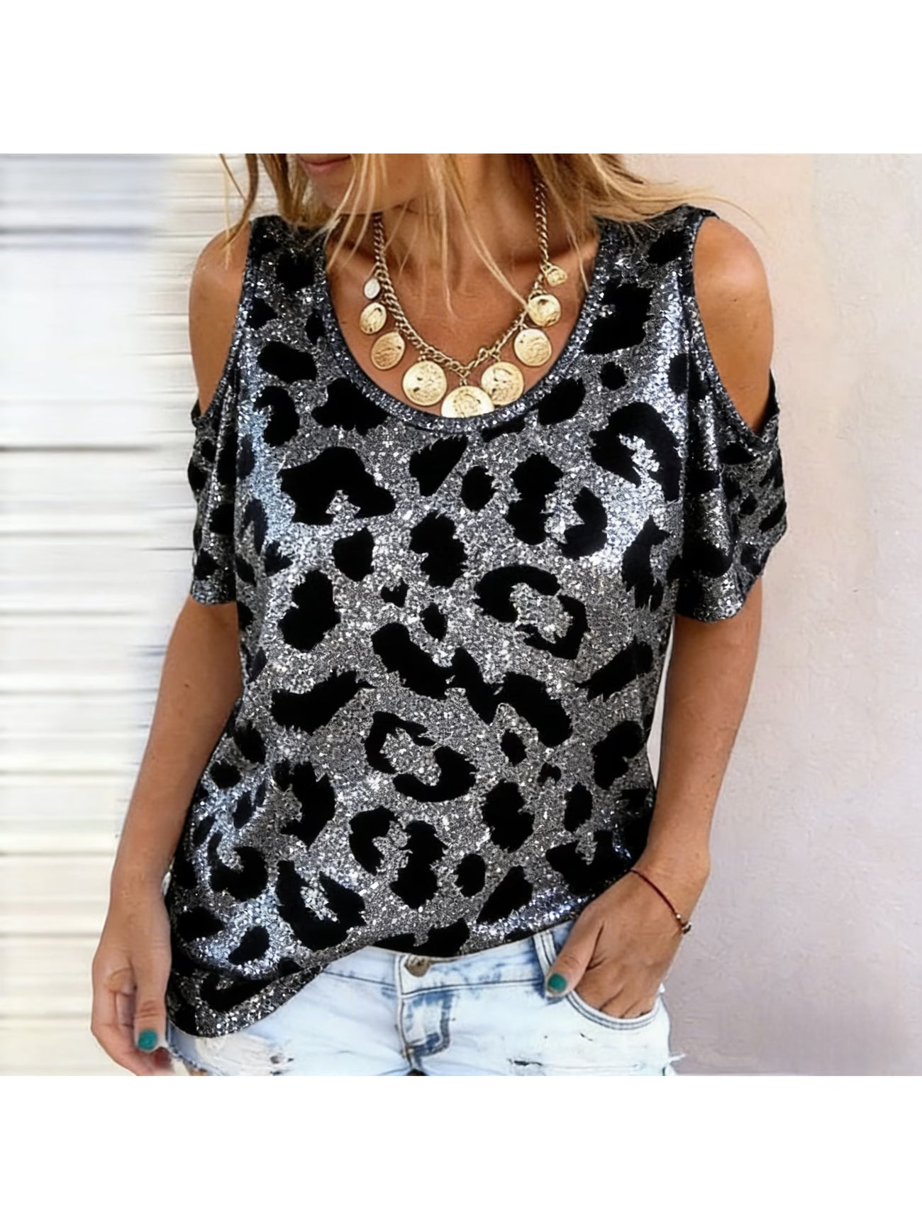 Silver Prowl Sequin Off-Shoulder Top – Leopard Print Short Sleeve T-Shirt