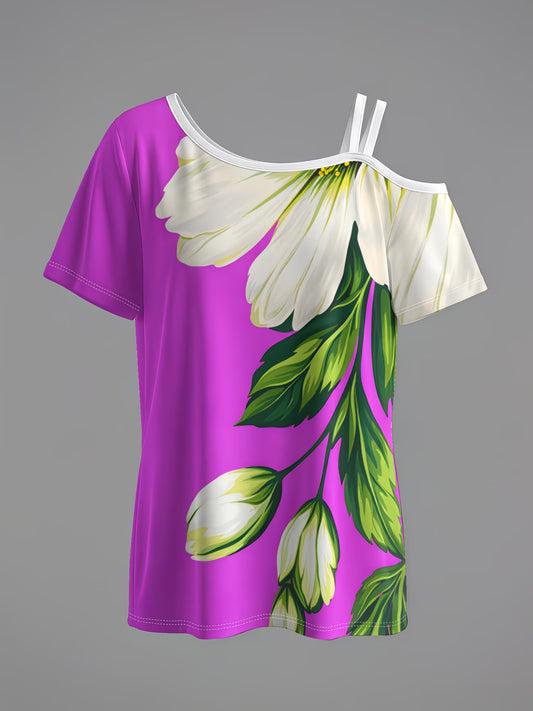 White Floral One-Shoulder Short Sleeve Top