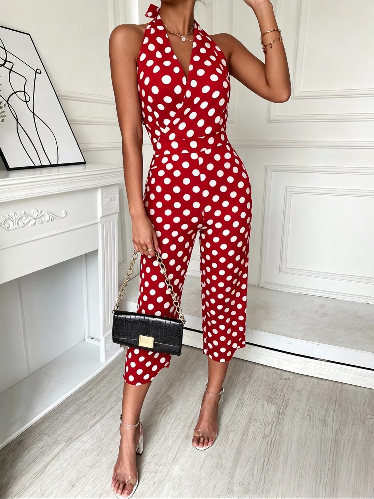 Polka Dot High Waist Halter Neck Off-Shoulder Wide Leg Jumpsuit