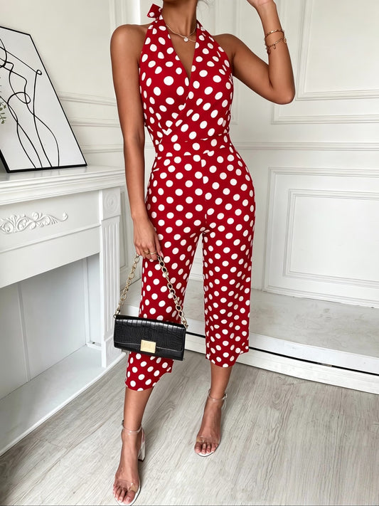 Polka Dot High Waist Halter Neck Off-Shoulder Wide Leg Jumpsuit