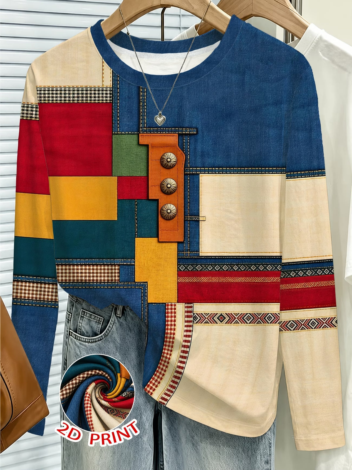 Women's Colourful Denim-Effect Patchwork Print Long Sleeve Top