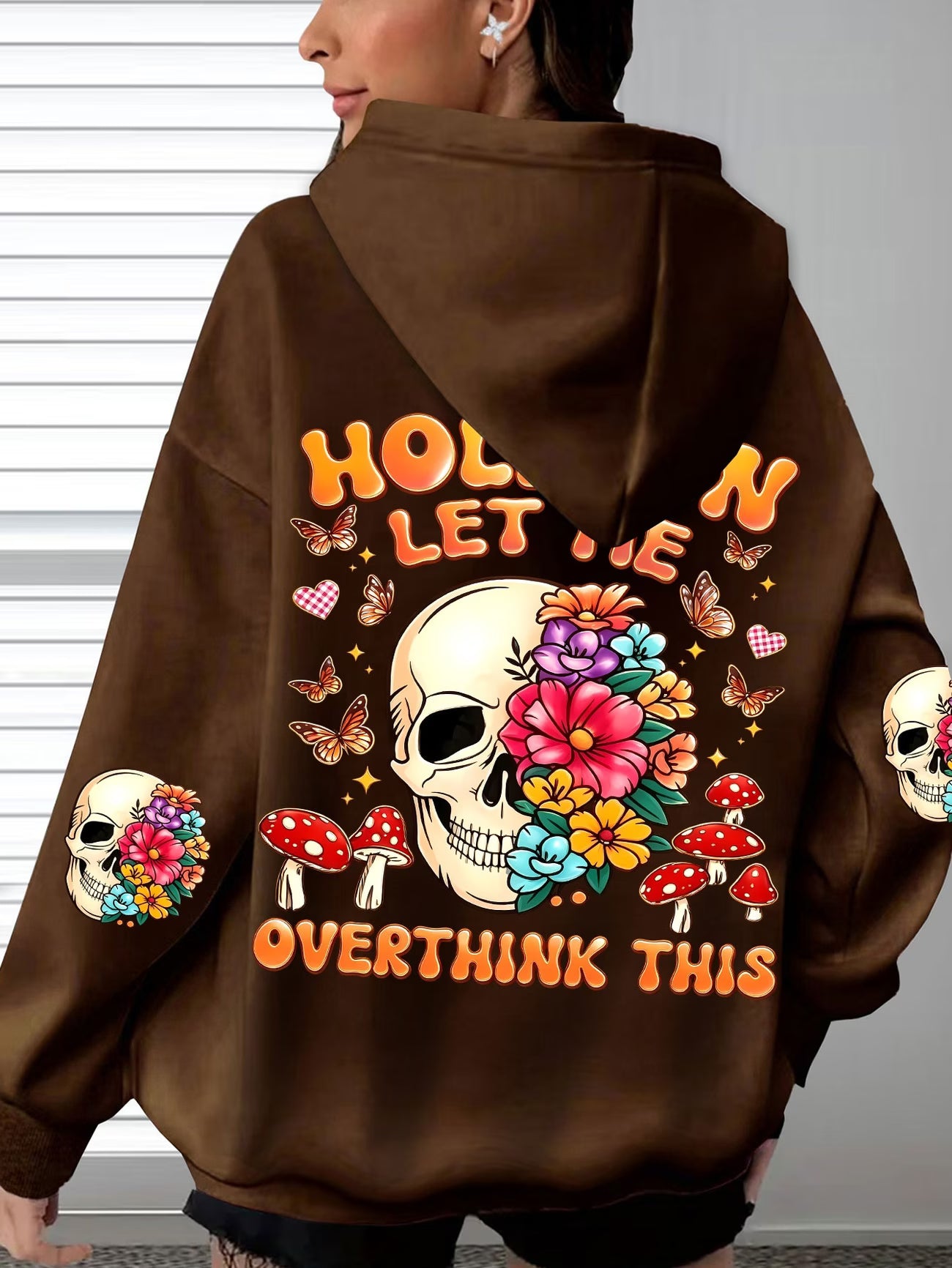 Women's Back Print Hooded Sweatshirt – Vintage Flower, Skull & Mushroom Design