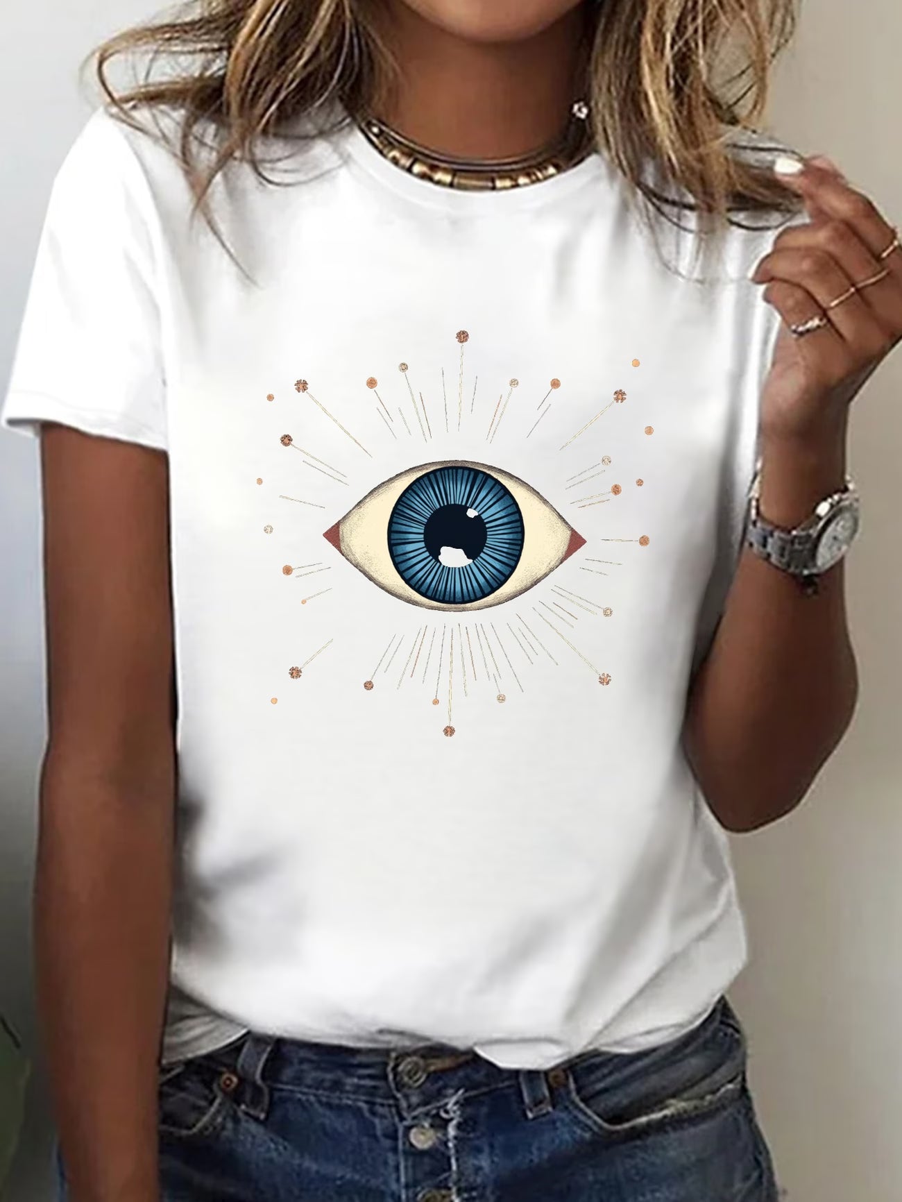 Women's Stylized Eye Blue Iris Geometric Print T-Shirt