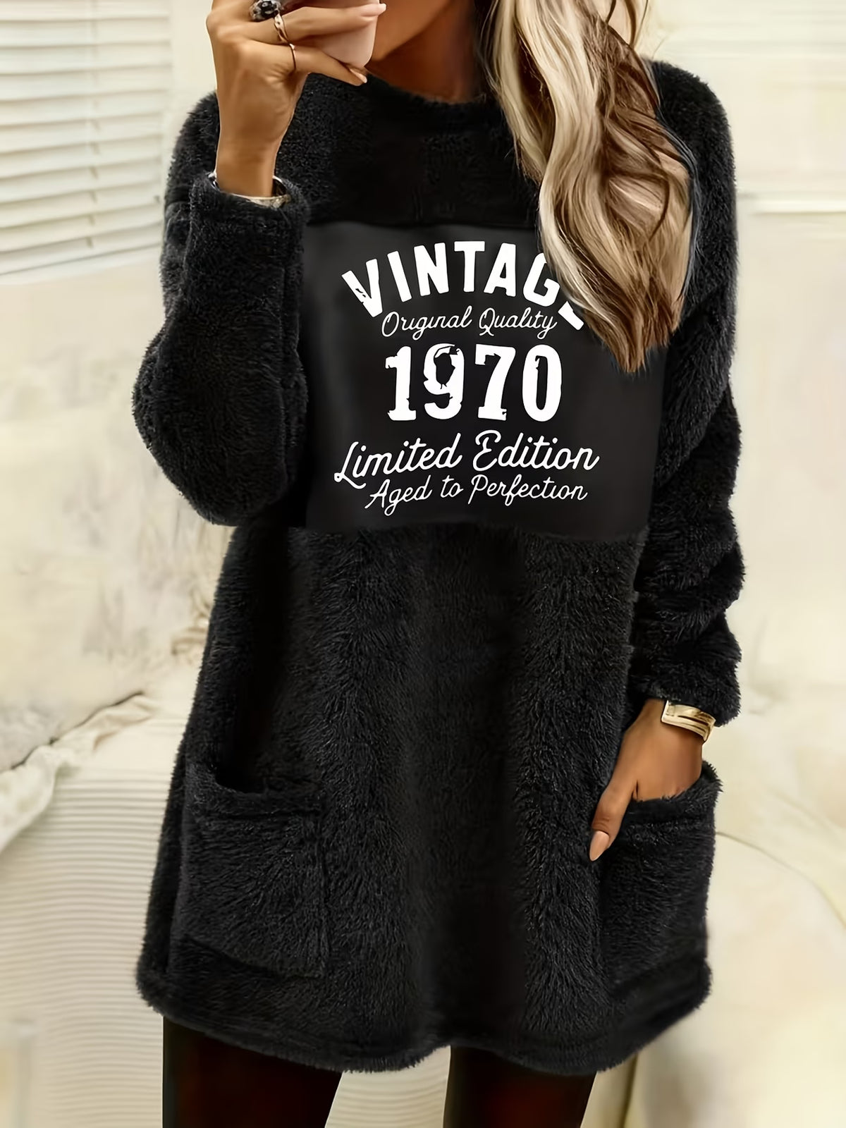 Women's Vintage Letter Print Plush Sweatshirt Dress