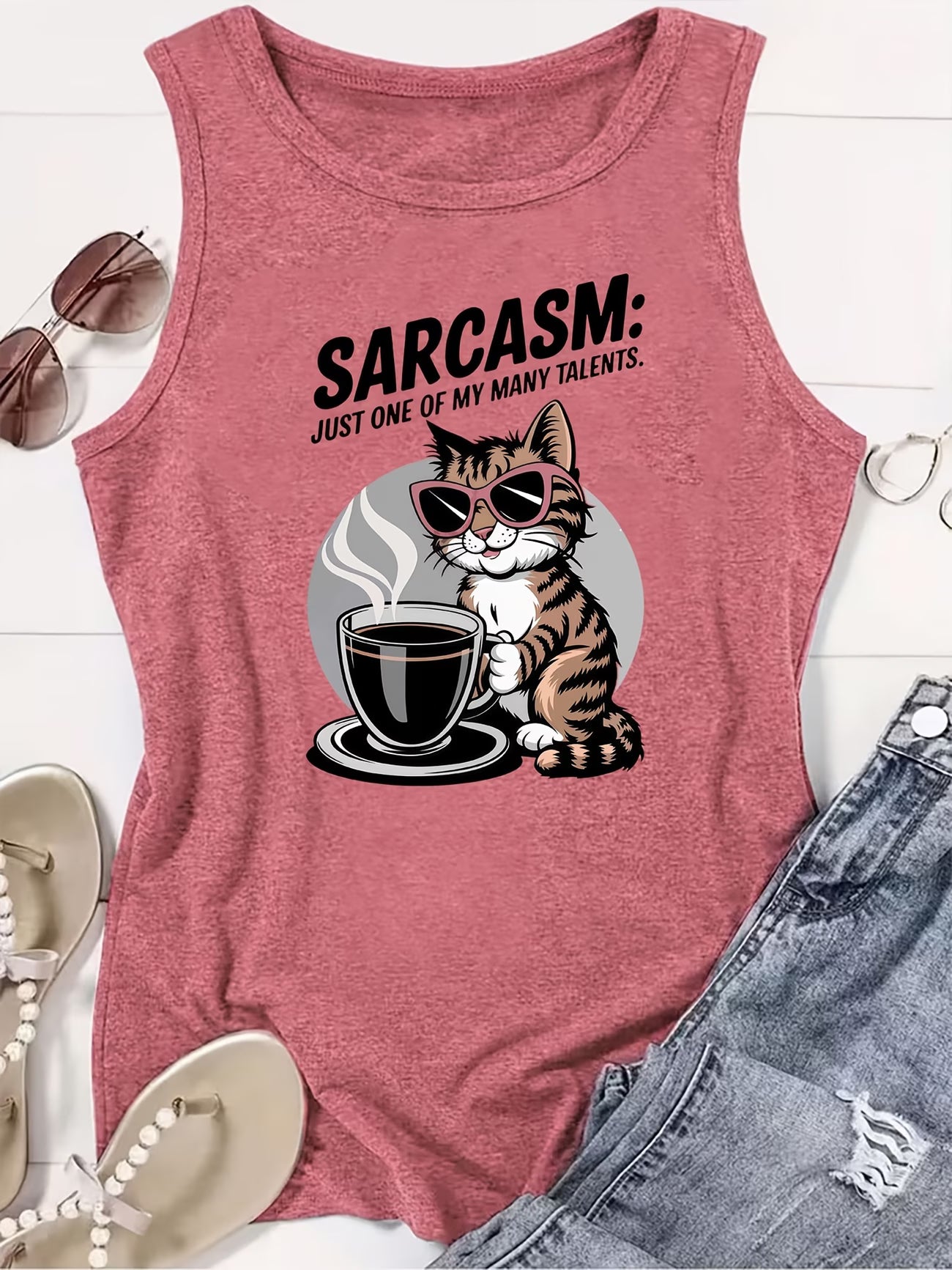 Women's Sarcasm, Cool Cats & Coffee Print Sleeveless Vest