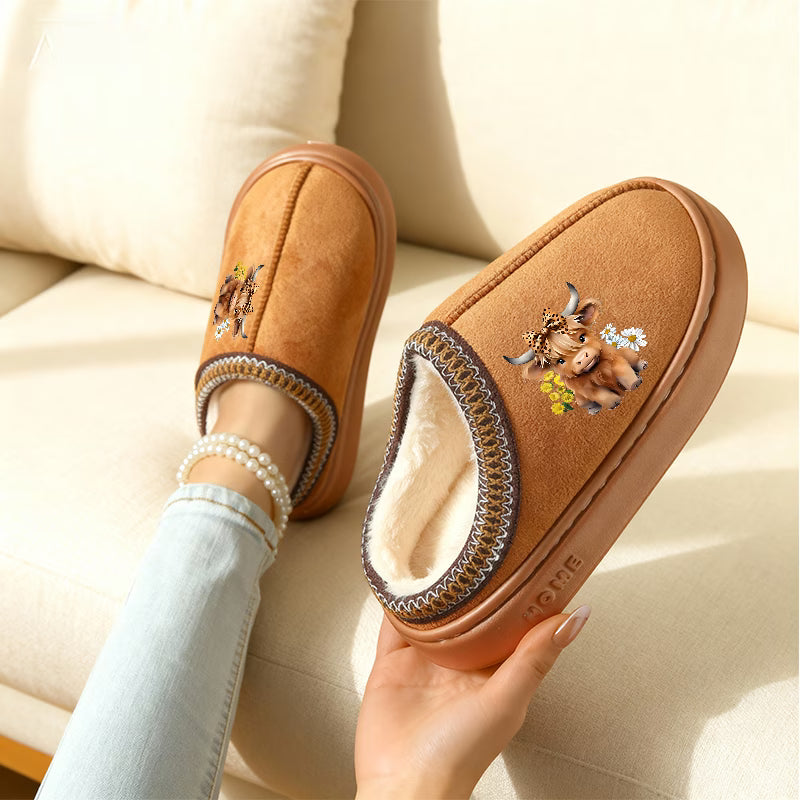 Sunflower Highland Cow Print Slippers – Women's & Unisex Plus Size