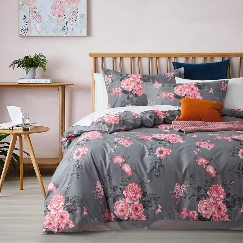 Grey Floral Printed Duvet Cover Set,