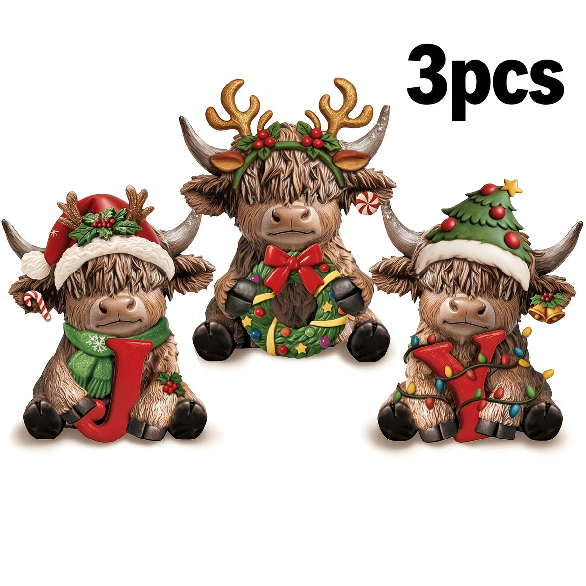 3pcs Scottish Highland Cow Ornaments with JOY Letters & Antlers