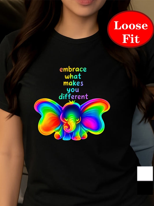 Rainbow Elephant Print Tee – Embrace Diversity | Round Neck Short Sleeve