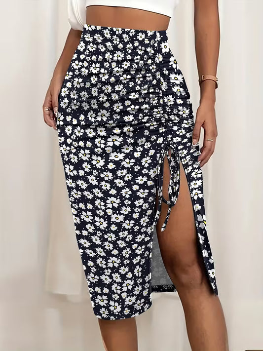 A Fresh Floral Print Side-Slit Bodycon Skirt