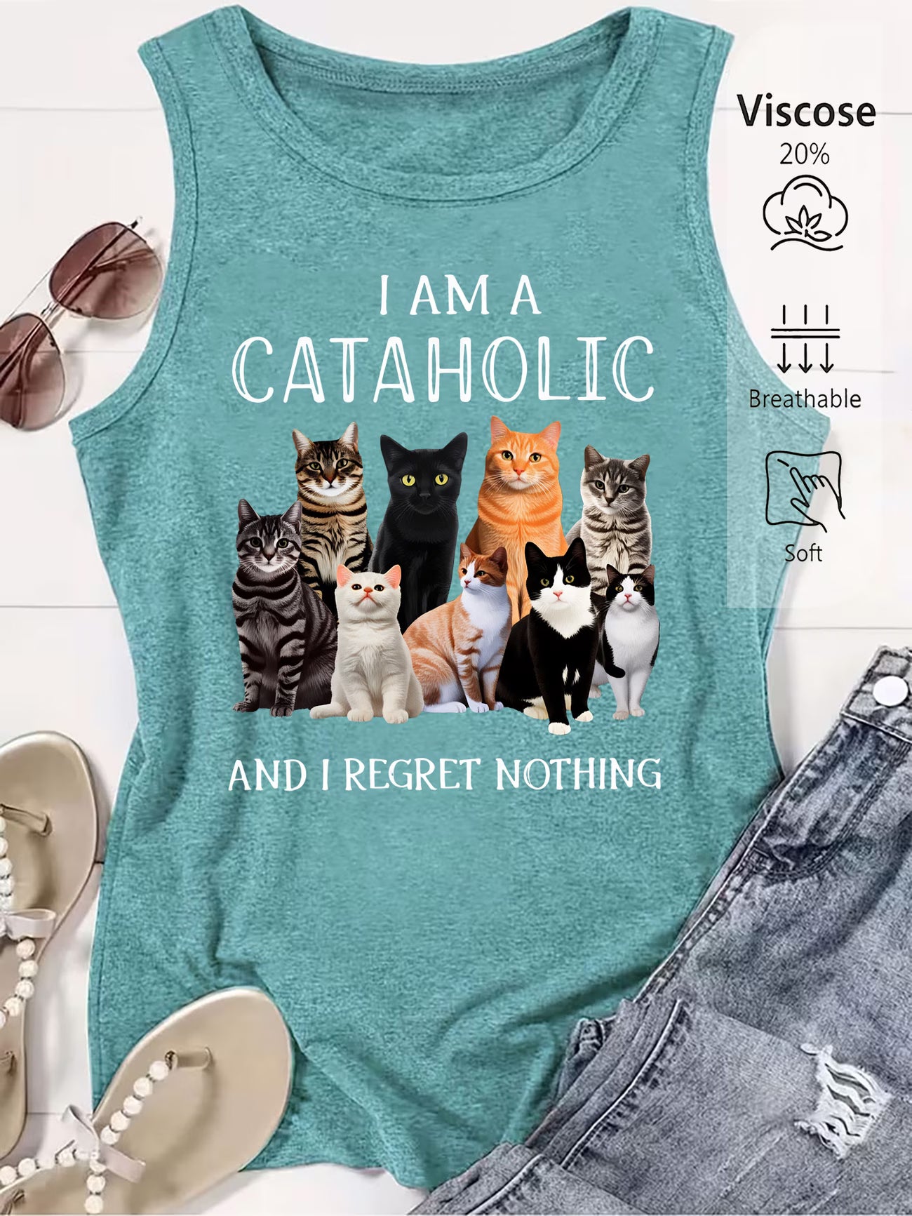 Women's "I Am a Cataholic" Cat Print Sleeveless Vest