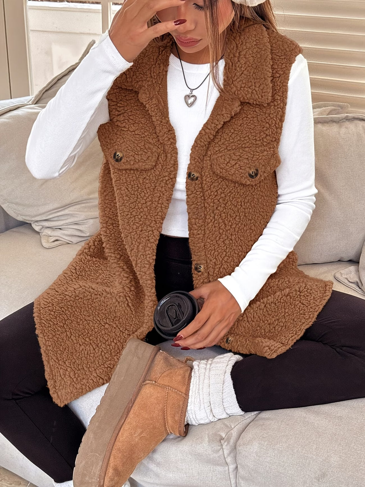 Women's Long Button-Up Plush Fleece Gilet