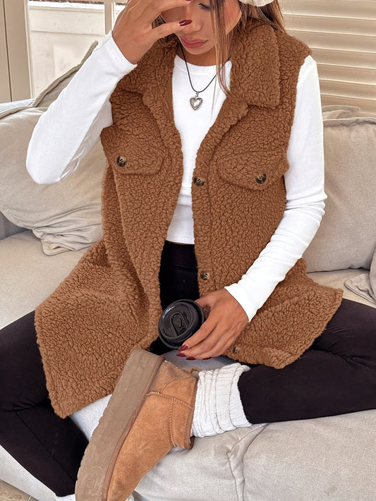 Women's Long Button-Up Plush Fleece Gilet