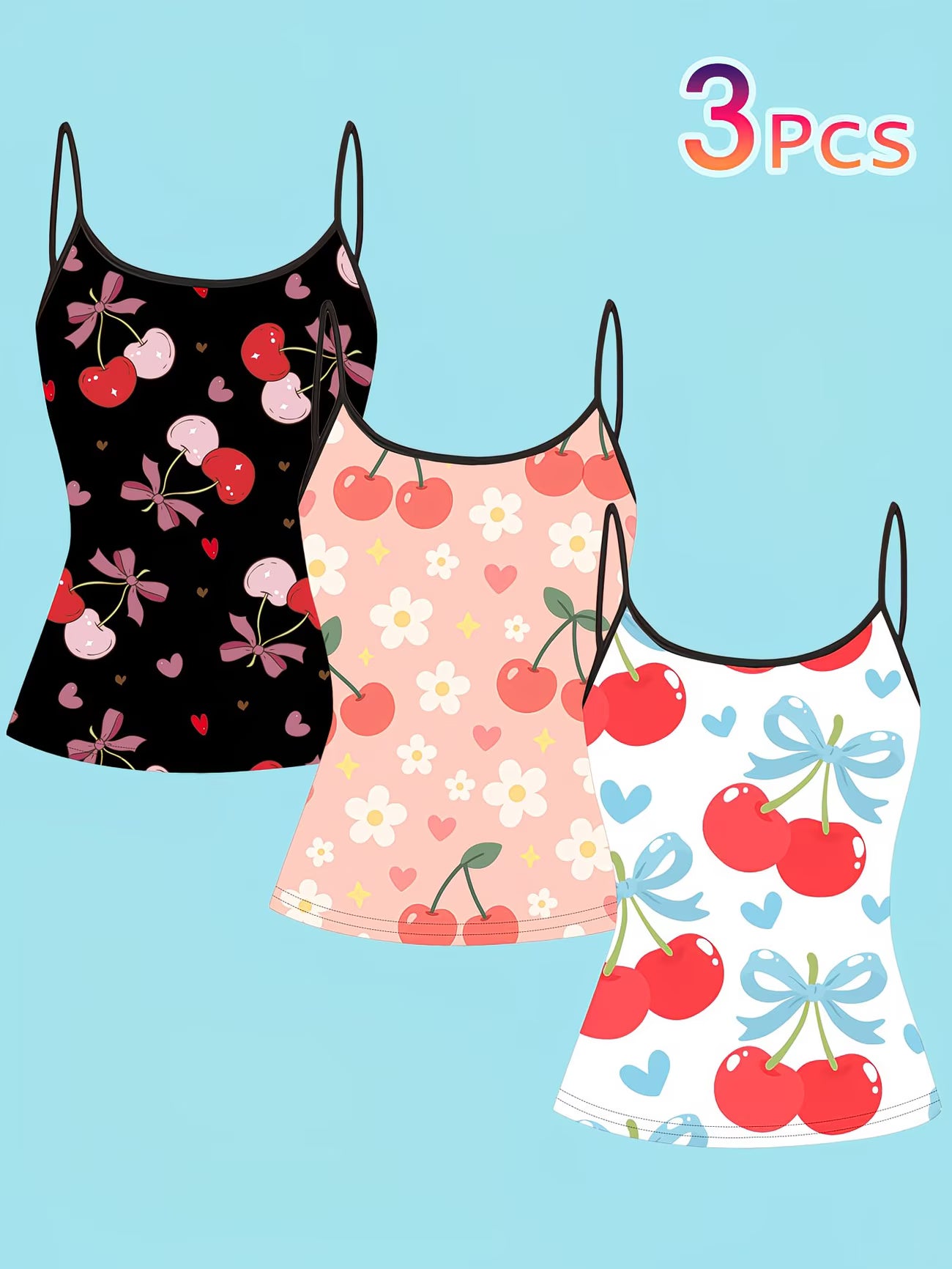 Cherry Blossom & Daisy Heart Print Camisole Set – 3-Piece Women's Spaghetti Strap Top