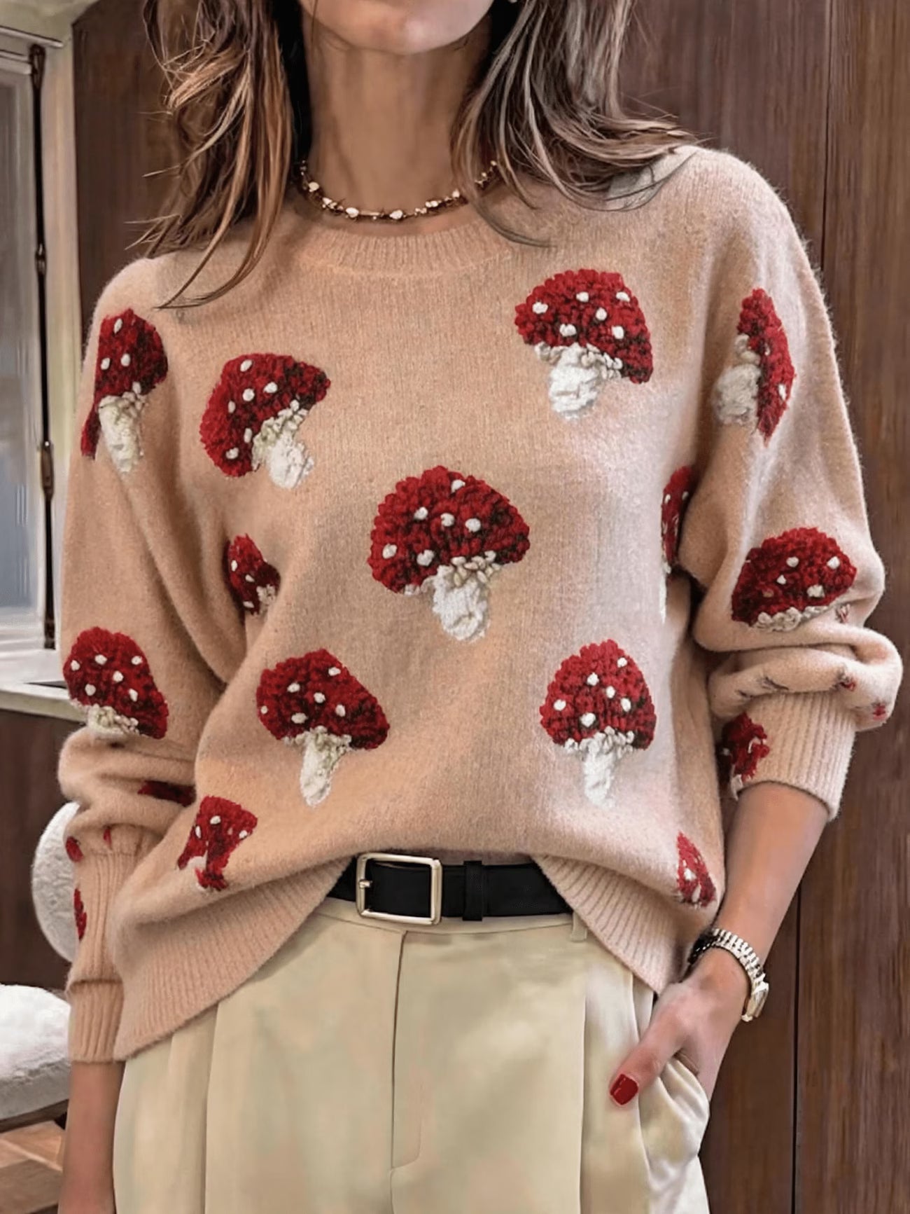 3D Velvet Mushroom Print Pullover Sweater – Drop Shoulder Lazy-Fit
