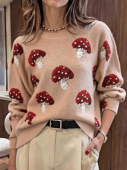 3D Velvet Mushroom Print Pullover Sweater – Drop Shoulder Lazy-Fit