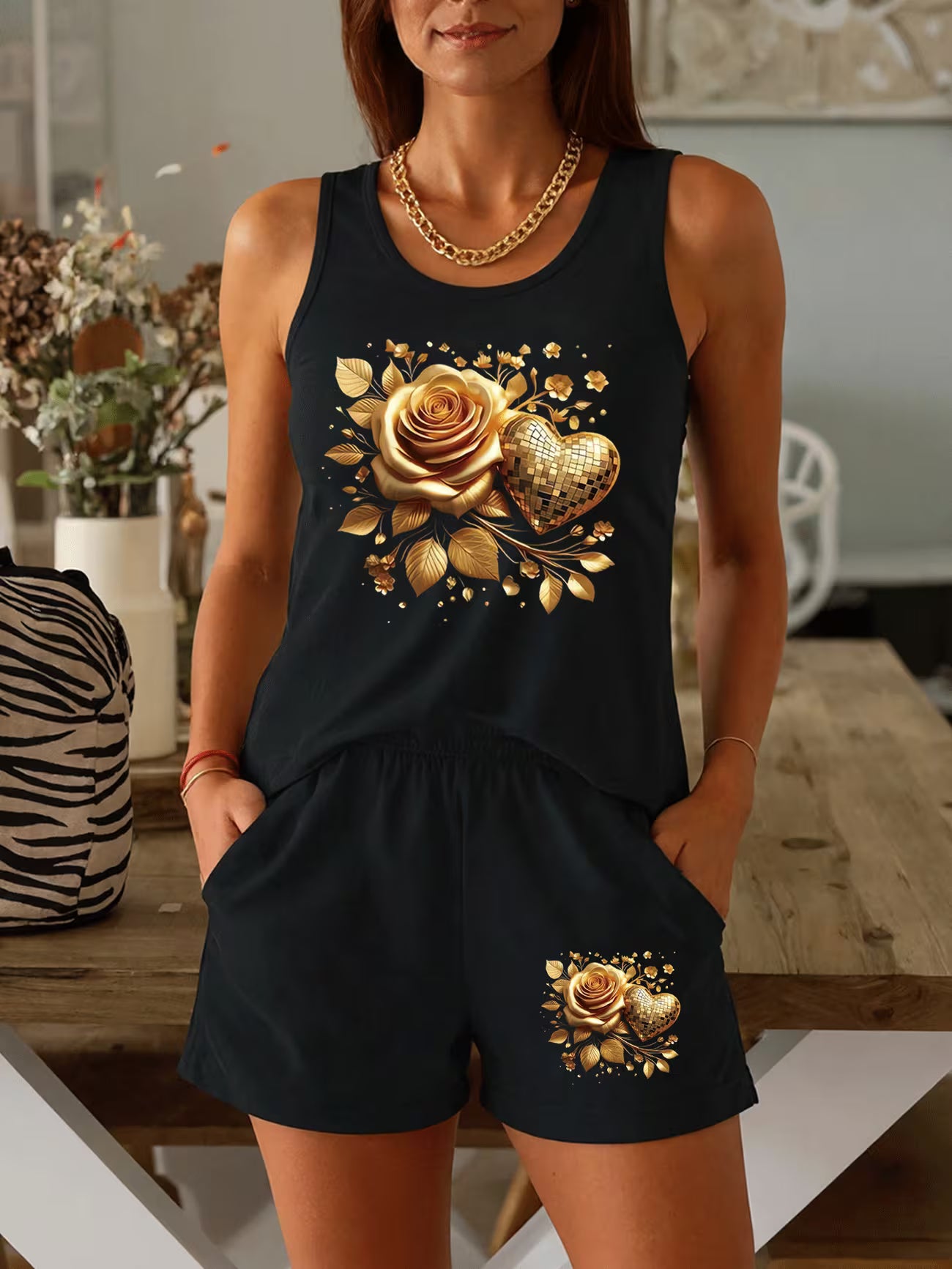 Gilded Rose Heart — Luxury Print Sleeveless Tank Top & Shorts Set