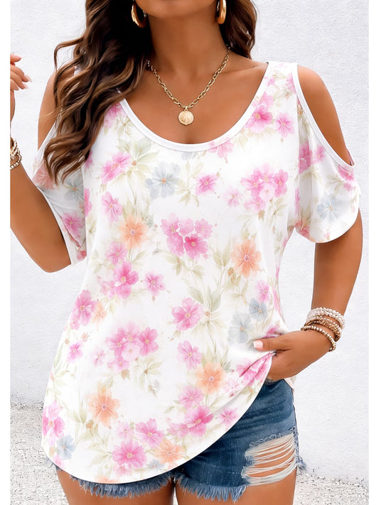 Bloom & Breeze Off-Shoulder Tee – Casual Floral Loose Fit Short Sleeve Top