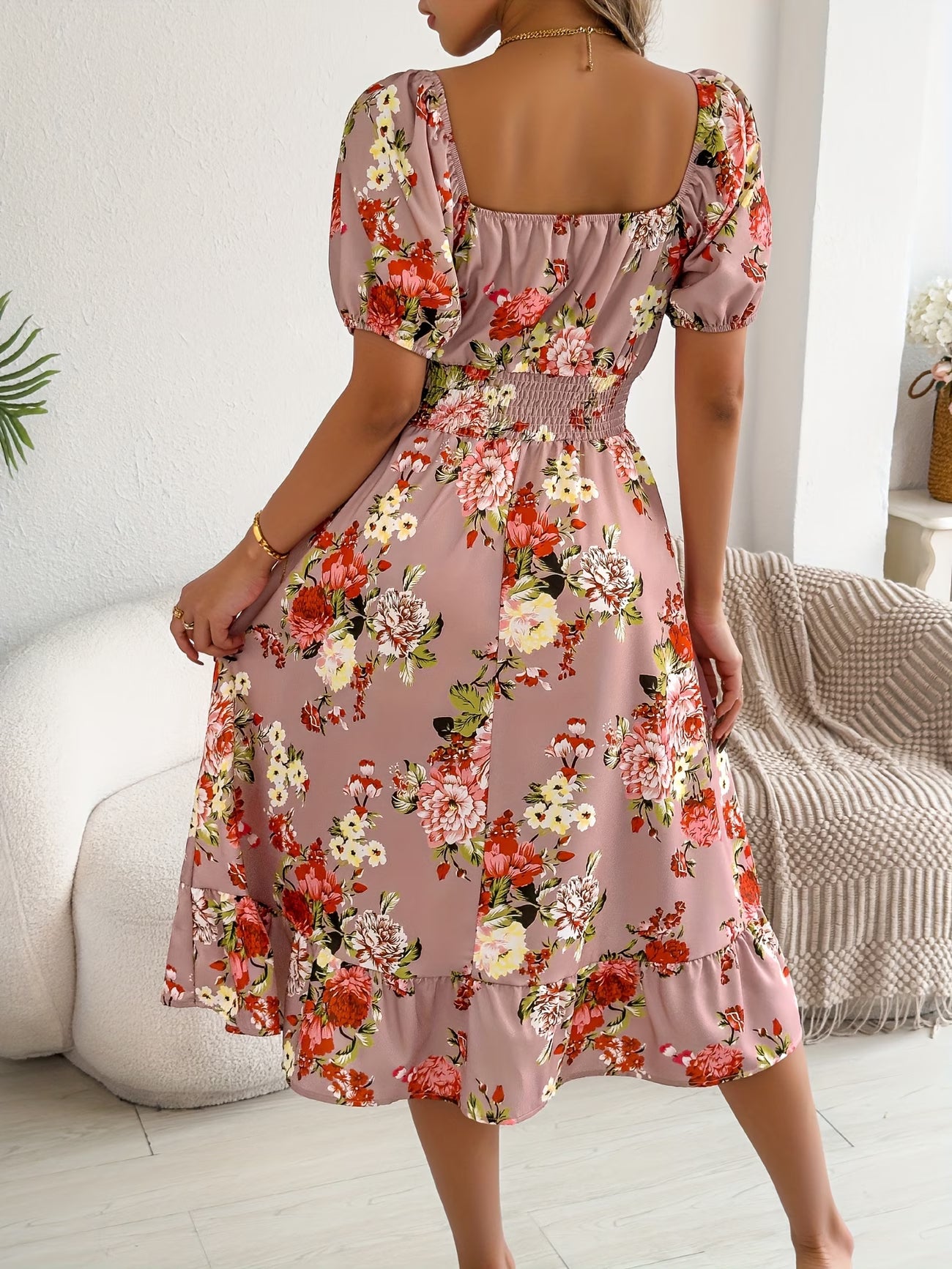 Floral Print Short Sleeve Square Neck Waist-Cinching Ruffle Hem Dress