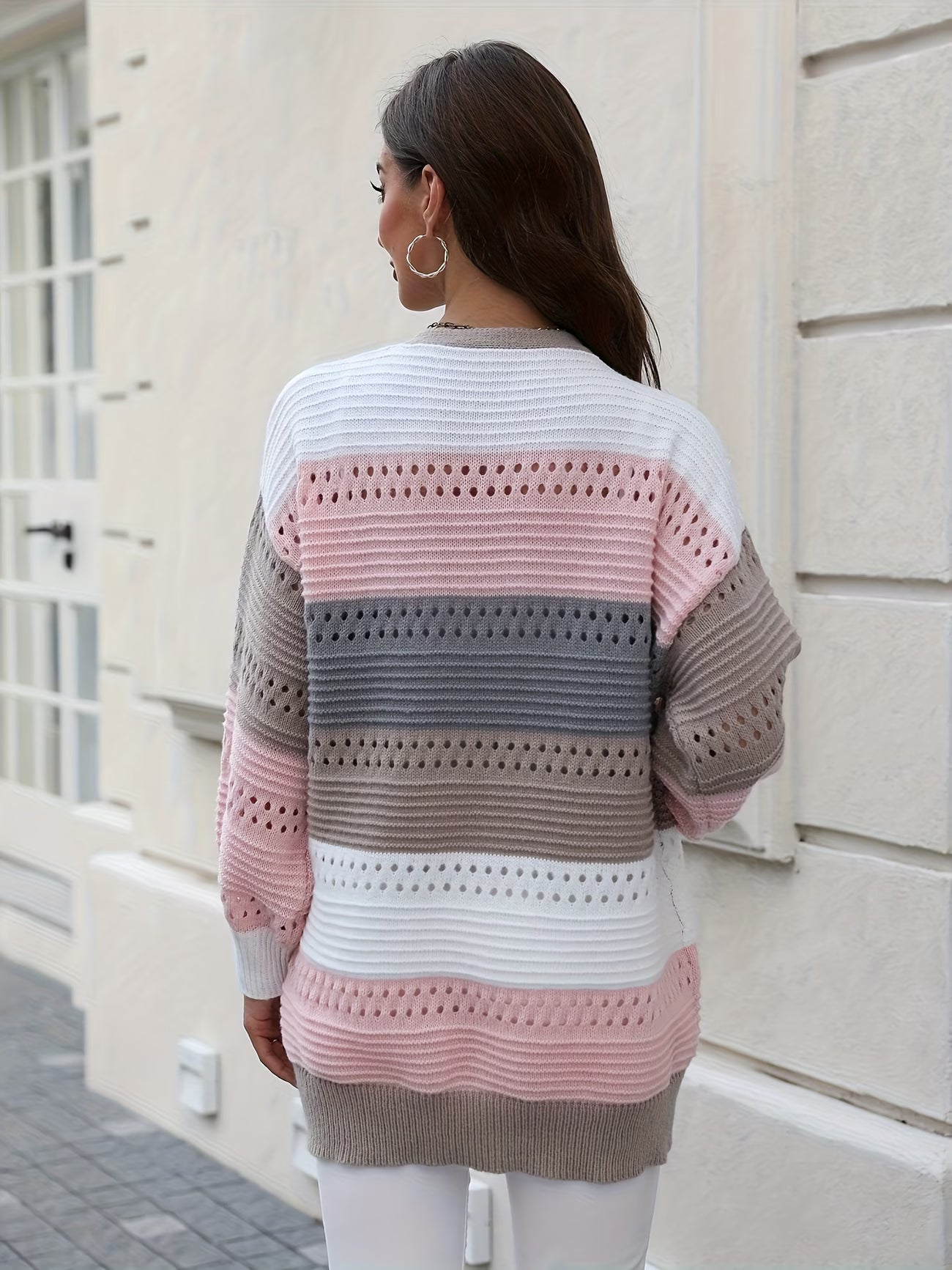 Plus-Size Women's Color-Blocked Cardigan with Hollowed-Out Long Sleeves