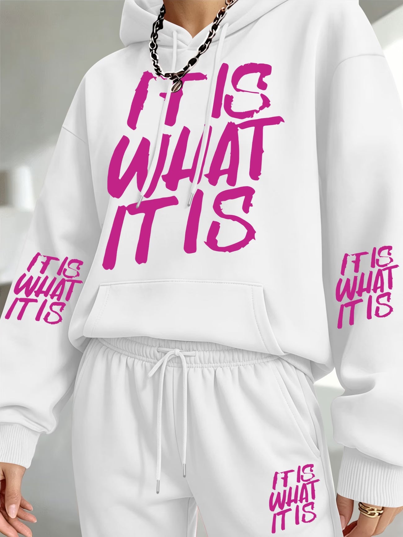 "It Is What It Is" Slogan Hooded Sweatshirt & Sweatpants Set