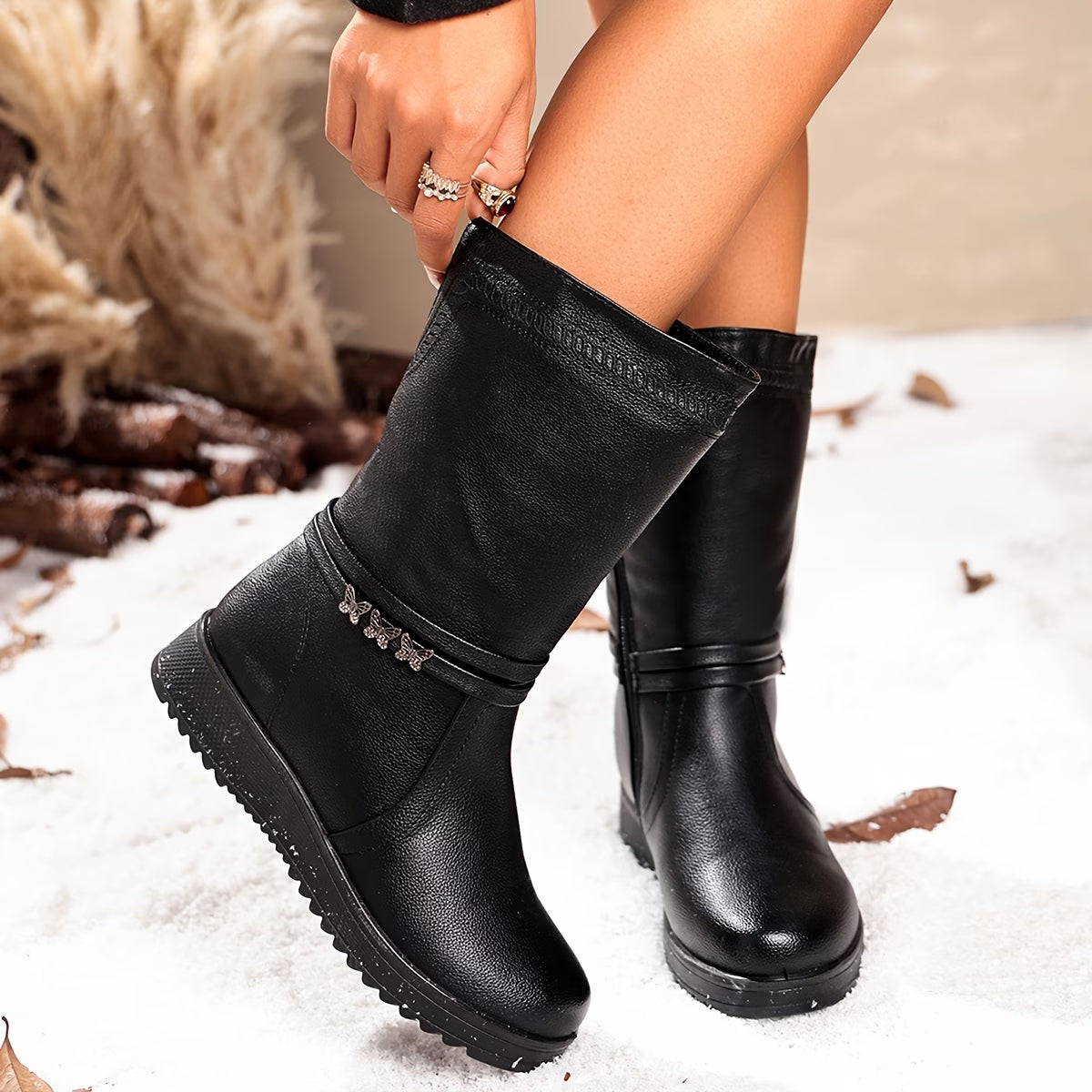 Women's Elegant Black Embroidered Mid-Calf Boots with Bow Buckle & Mid-Heel
