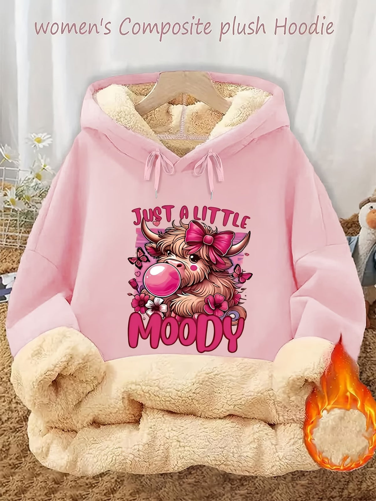 Women's Highland Cow & Bow Fleece-Lined Hoodie