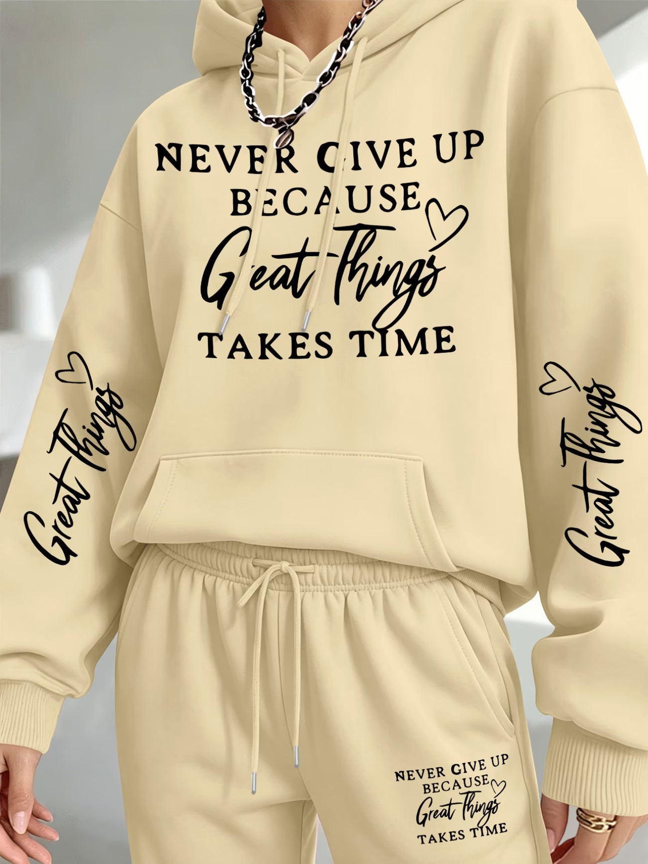 Perseverance & Patience Inspirational Print Hooded Sweatshirt & Sweatpants Set