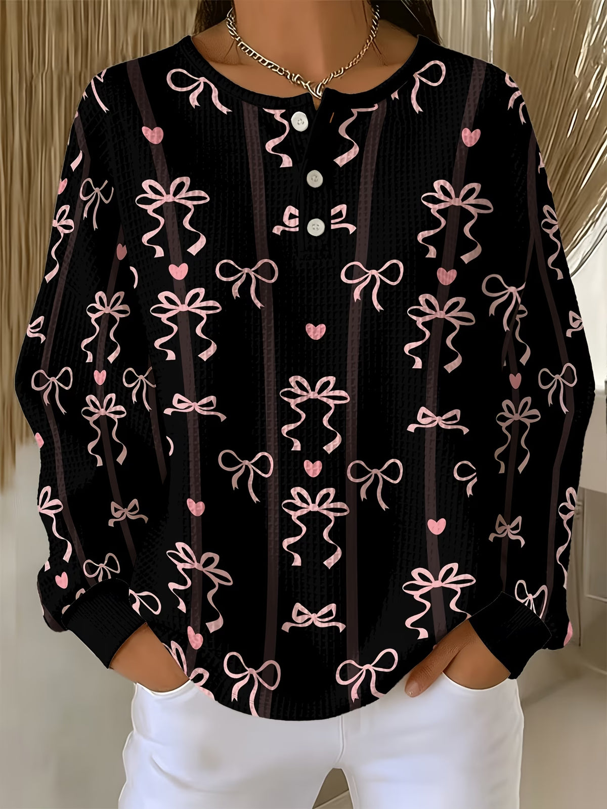 Women’s Black Sweatshirt with Pink Bow & Heart Print