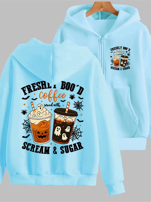 Halloween Fun Pattern Print Y2K Zip-Up Hoodie | Loose Casual Outerwear