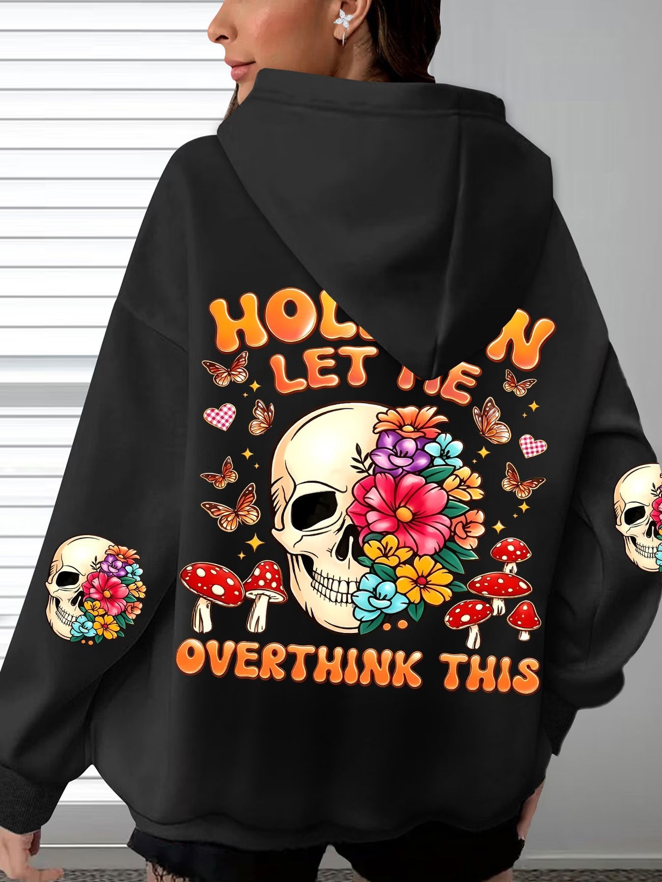 Women's Back Print Hooded Sweatshirt – Vintage Flower, Skull & Mushroom Design