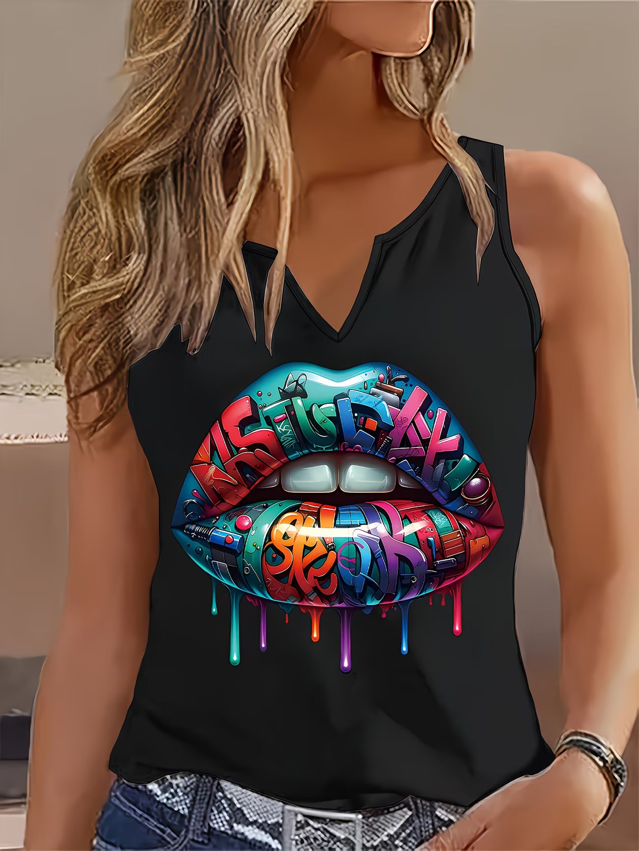 Graffiti Lip Print Sleeveless Vest Top