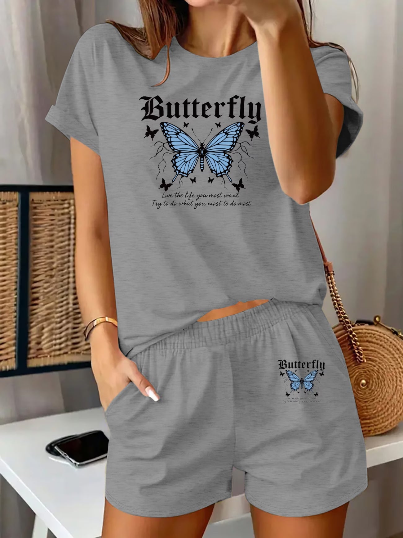 Blue Butterfly & Elegant Text Print Two-Piece Set – Round Neck Tee & High-Waist Shorts