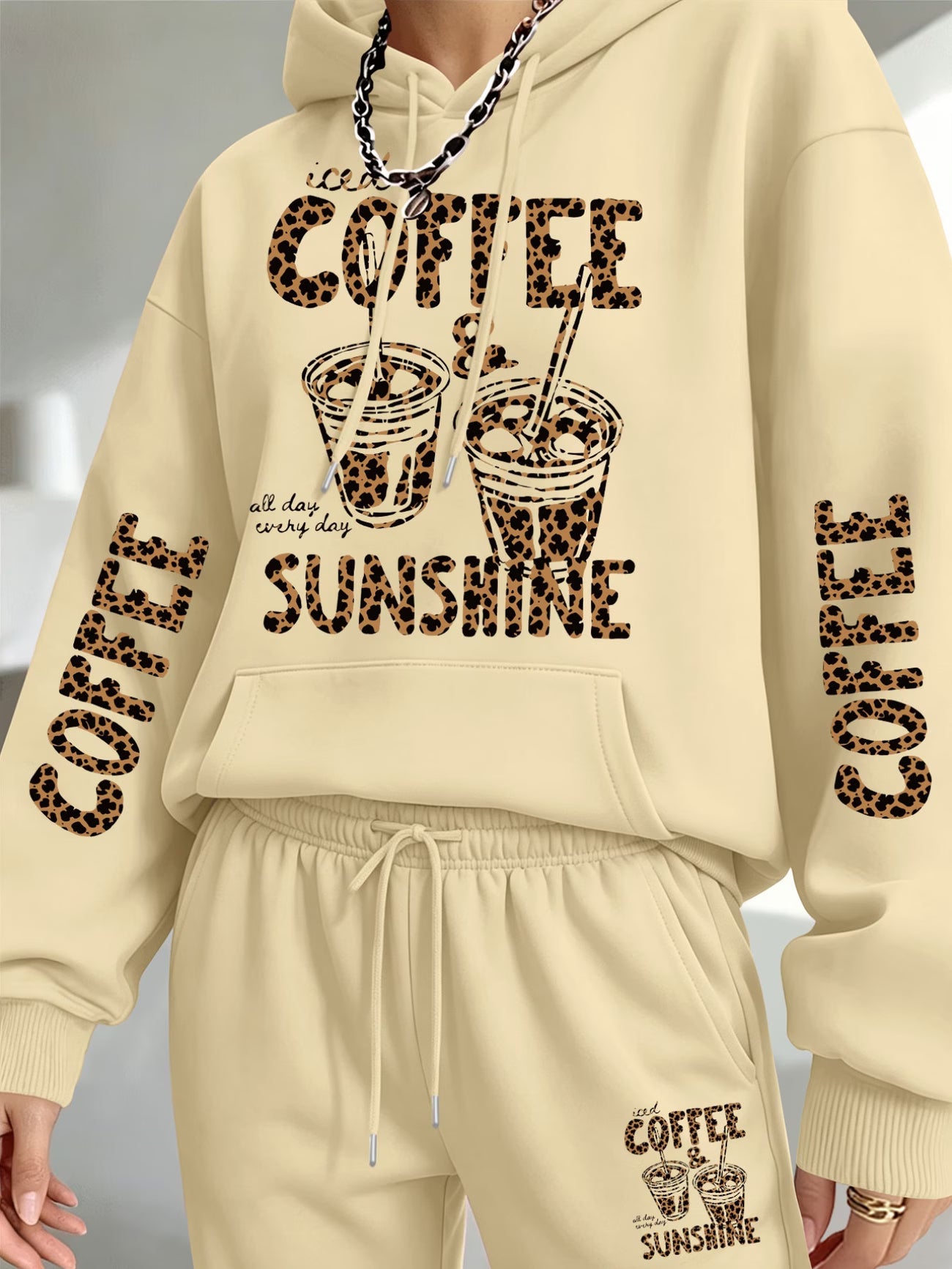 Women's 'Coffee & Sunshine' Leopard Print Hoodie & Jogger Set